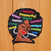 Powerful Queen afro sew or iron Patch [4"x3.5 inches] Make your clothes and accessories unique with this patch that has adhesive on the back and is ready to be sealed with your heat press or iron and can also be sewn onto just about anything