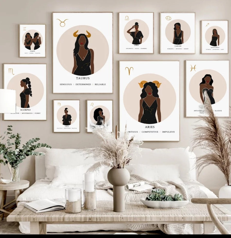 Melanin Zodiac Poster (16x20") Custom Constellation Black Girl Prints |African Wall Art Canvas