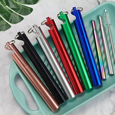 Eco-Friendly Collapsible drinking Straw with Bottle Opener Case, Cleaner Brush, Keychain